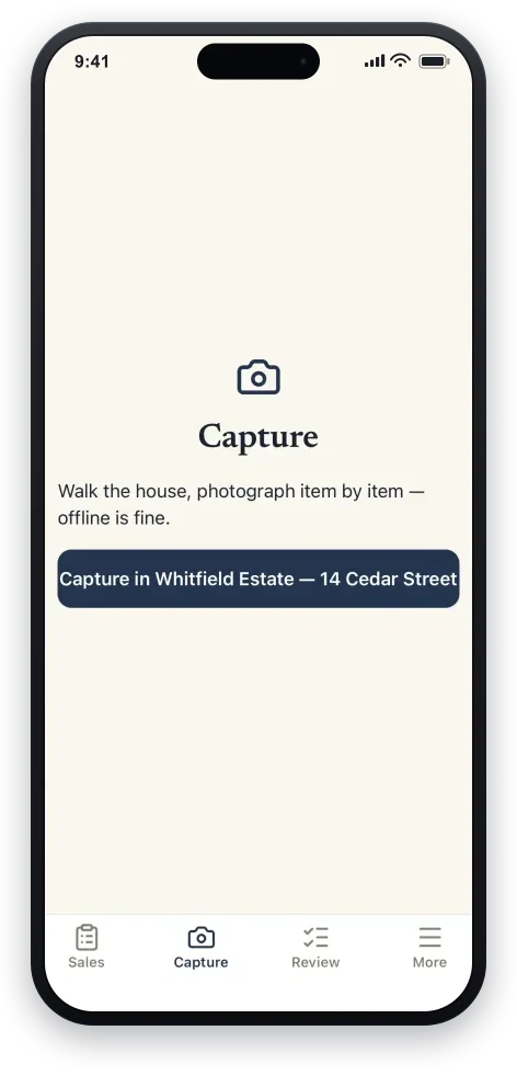 The TagLot Capture screen: “Walk the house, photograph item by item — offline is fine,” with a button to start capturing the open sale.