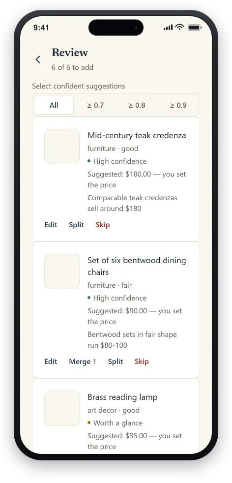 The TagLot Review screen: AI-drafted item cards — title, category, condition, a confidence label, and a suggested price with its reasoning — each waiting to be accepted.