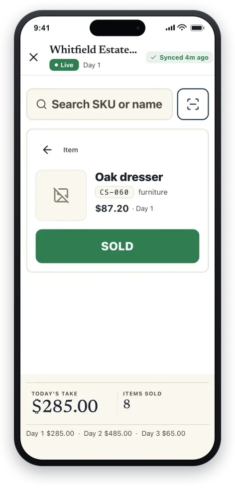 The TagLot Sale-Day screen: a live sale with a search bar, an item pulled up at today’s price with a big “Sold” button, and a running “today’s take / items sold” total along the bottom.