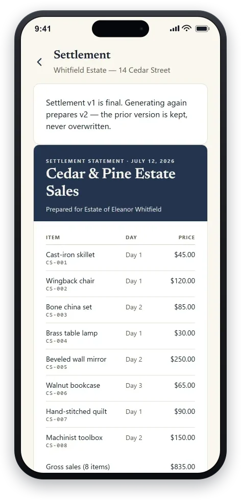 The TagLot consignor settlement statement: a serif masthead over an itemized table of sold items by day and price, totalling to the net proceeds.