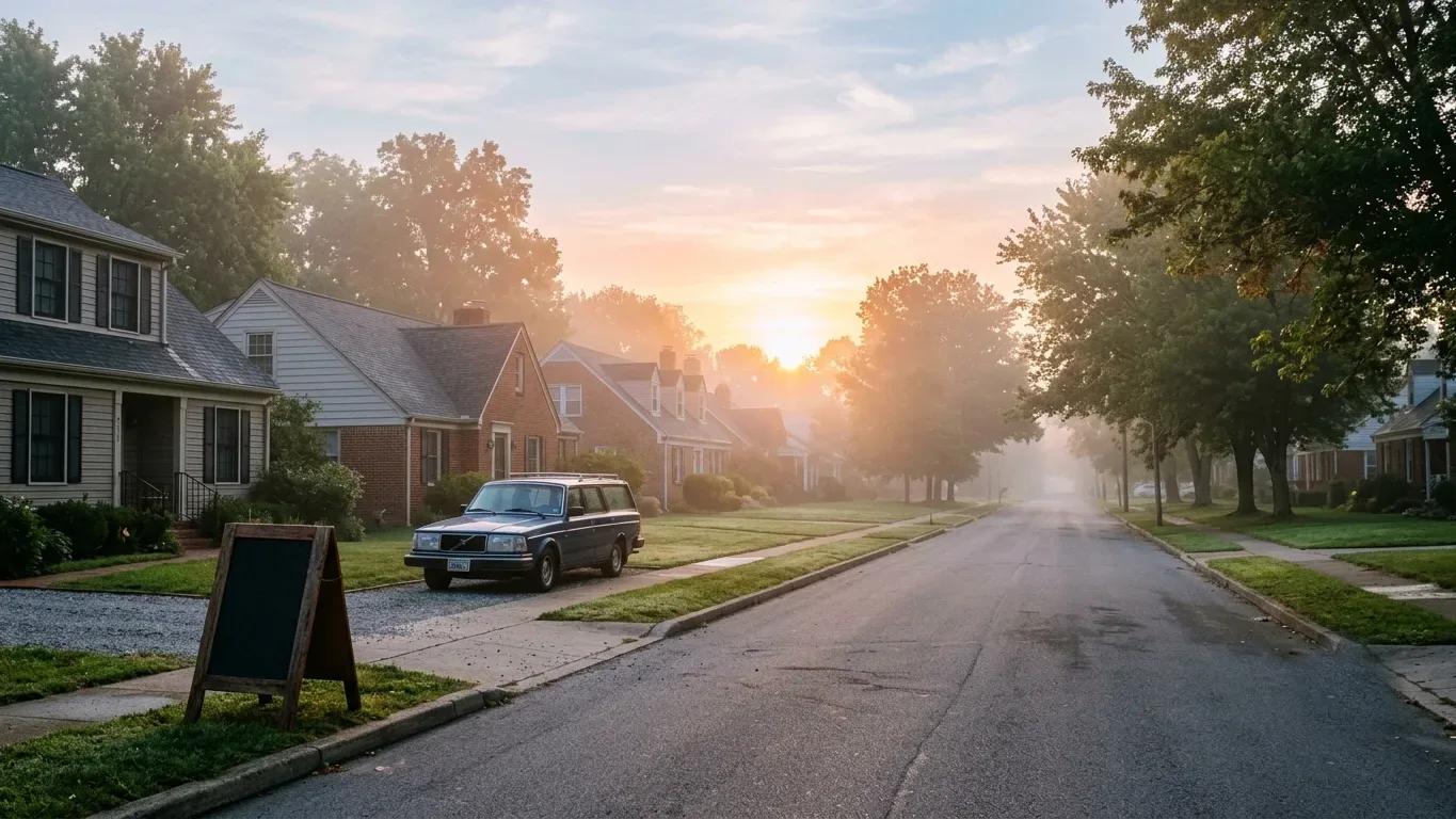 A quiet residential street at dawn with an estate-sale sign at a driveway, soft fog and warm sunrise.