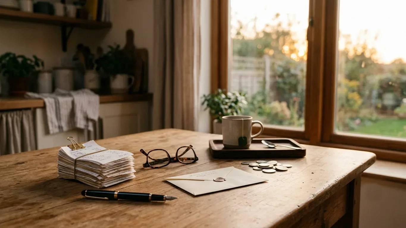 End of a sale day: a tidy table with a neat stack of tagged-item receipts and a pen in warm evening light.