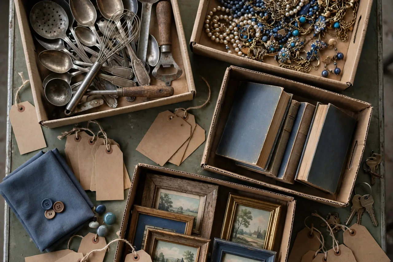 Cardboard boxes of leftover estate goods — mixed silverware, costume jewelry, old books, and small framed prints — grouped into tagged lots on a table.