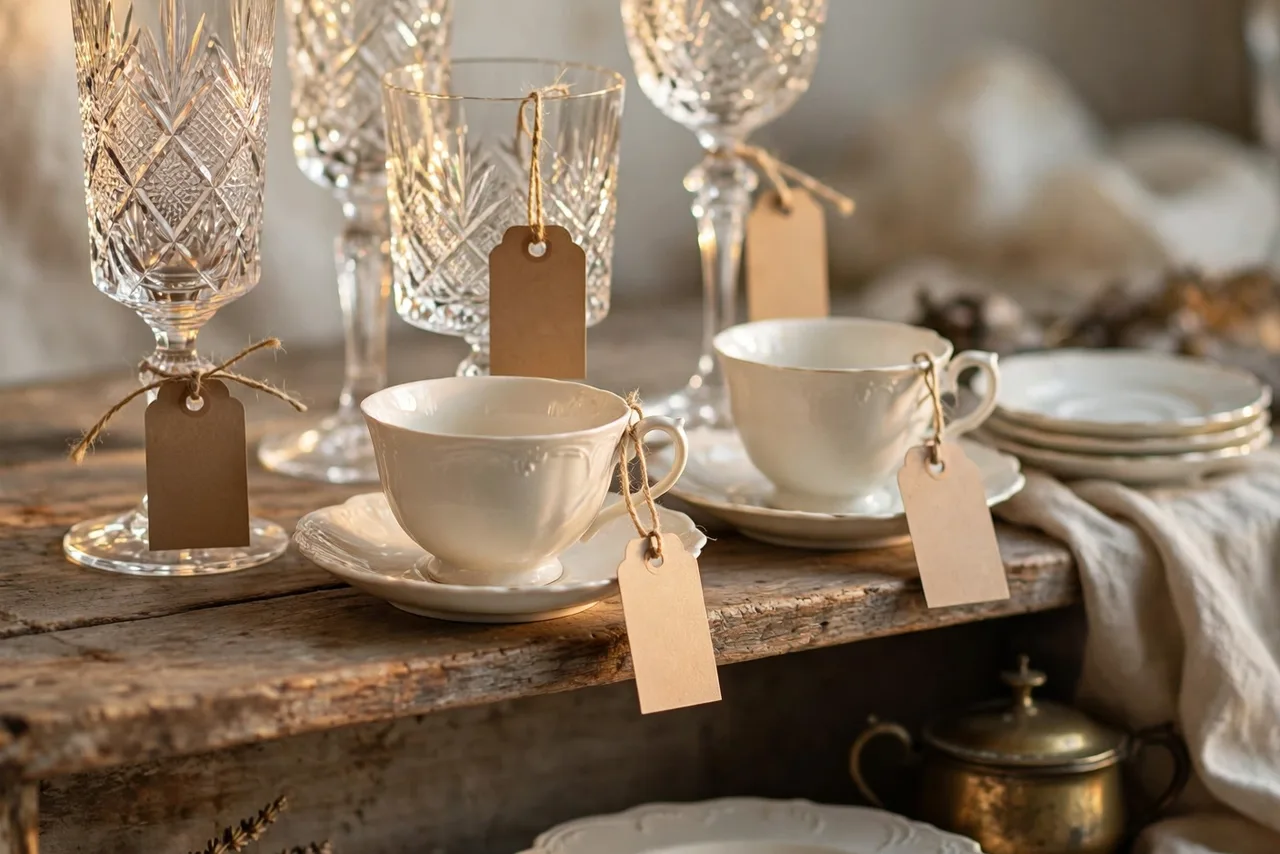 Cut-crystal stemware and white china teacups, each with a kraft price tag, styled and lit on a rustic surface for an estate-sale listing photo.