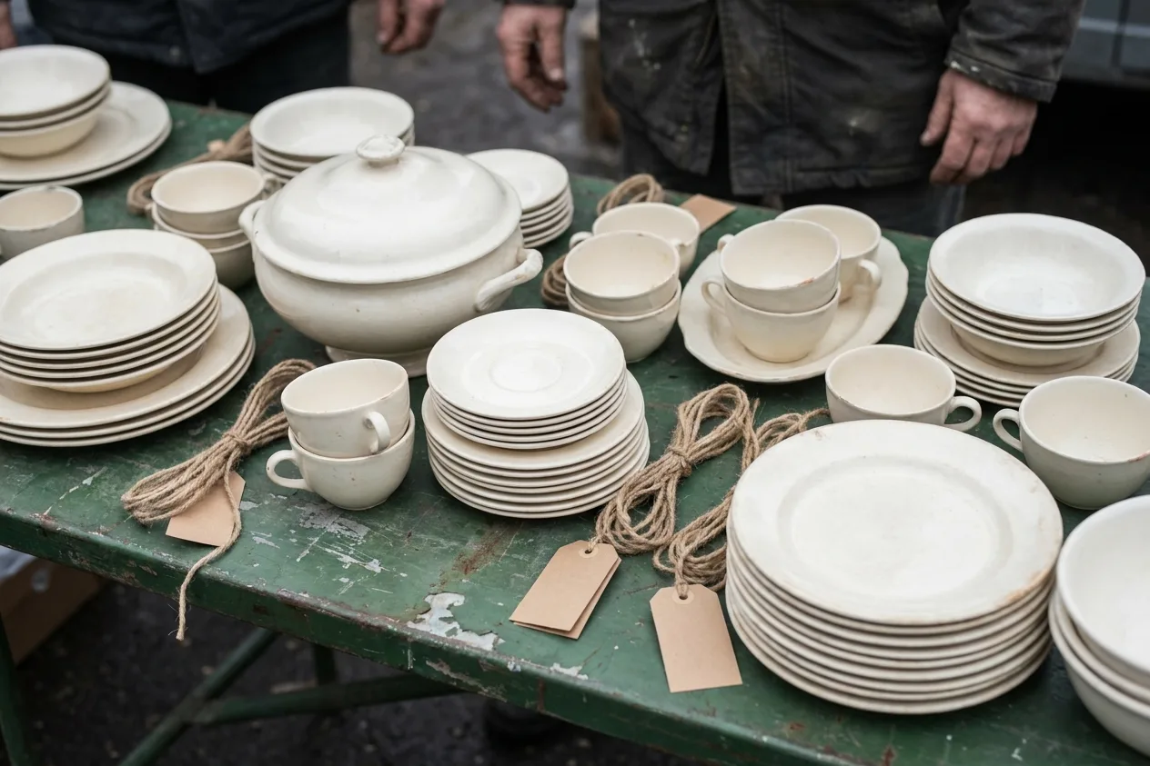 Sorted china laid out on a green metal table: stacked plates, cups nested in rows and a lidded tureen with blank kraft tags between them.