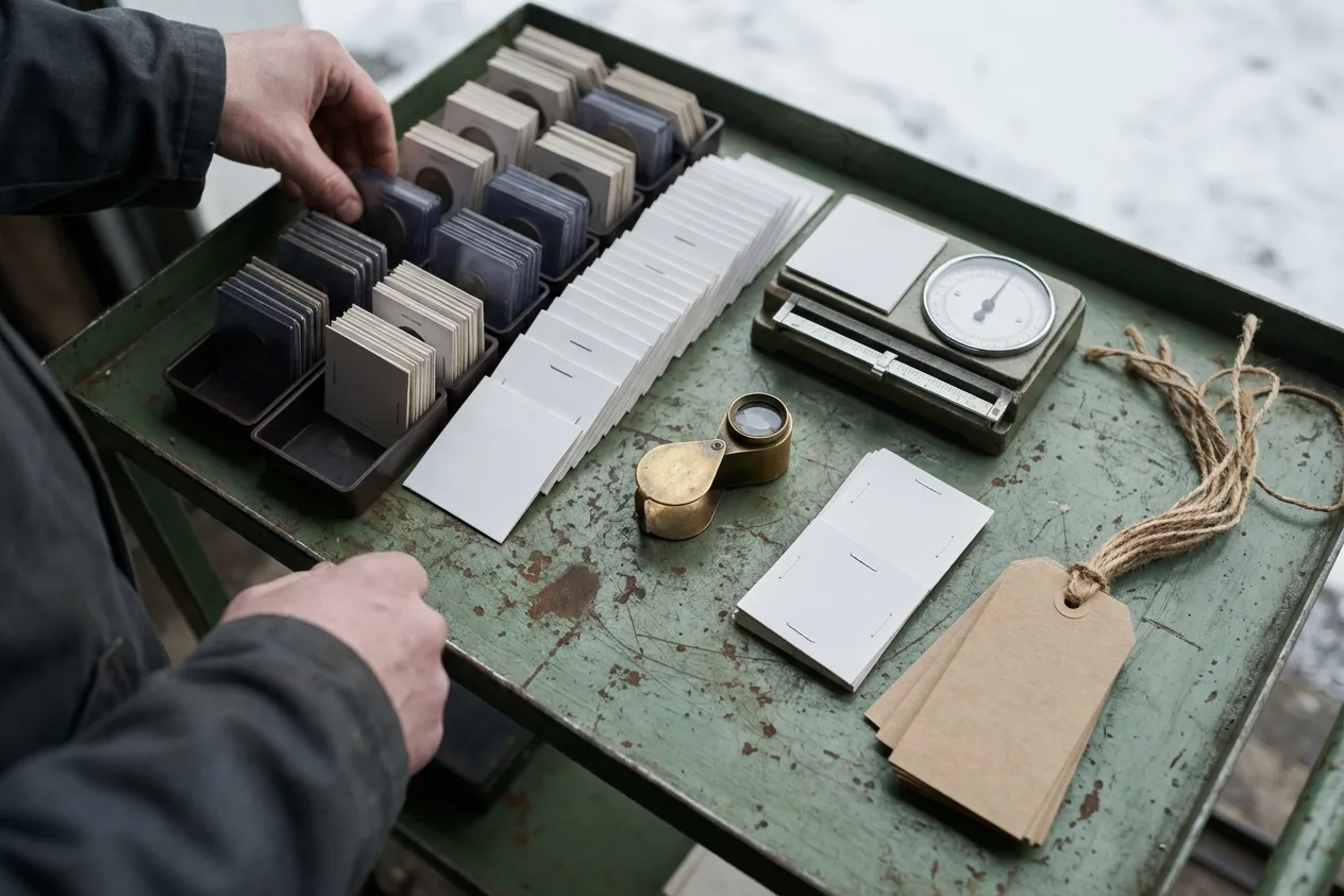 Coin trays and paper flips laid out in rows on a green metal table beside a jeweler’s loupe and a small scale.