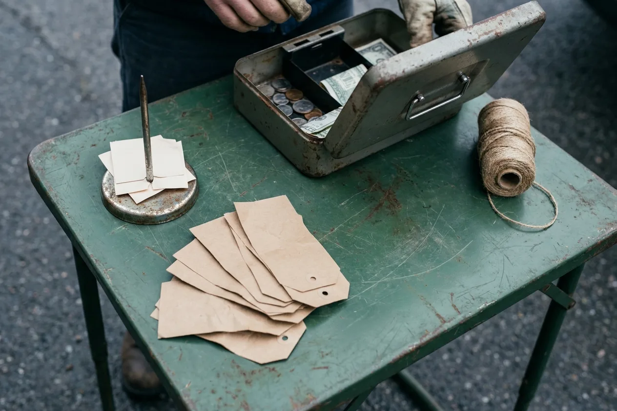 A green metal table set up as a sale-day checkout: an open metal cash box, a receipt spike, a roll of jute string and blank kraft tags.