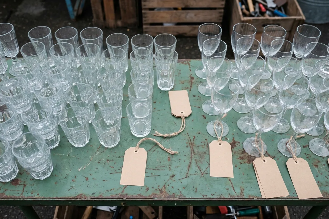 Pressed and cut glassware sorted into groups on a green metal table, tumblers nested and stemware in rows with blank kraft tags between.