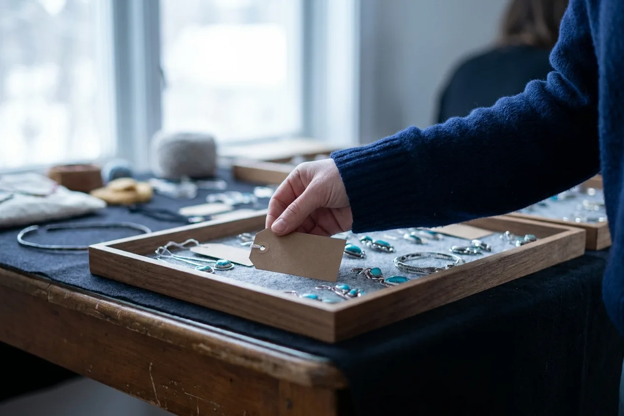 A hand lowering a blank kraft tag onto a felt-lined tray of turquoise and silver jewelry on a cloth-covered table by a window.