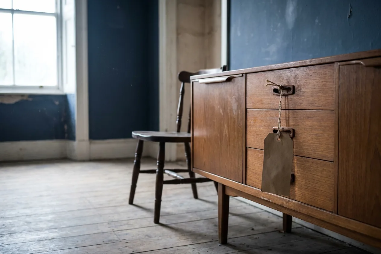A teak sideboard and a spindle-backed chair standing in an emptied room with peeling navy walls, a blank kraft tag tied to a drawer pull.