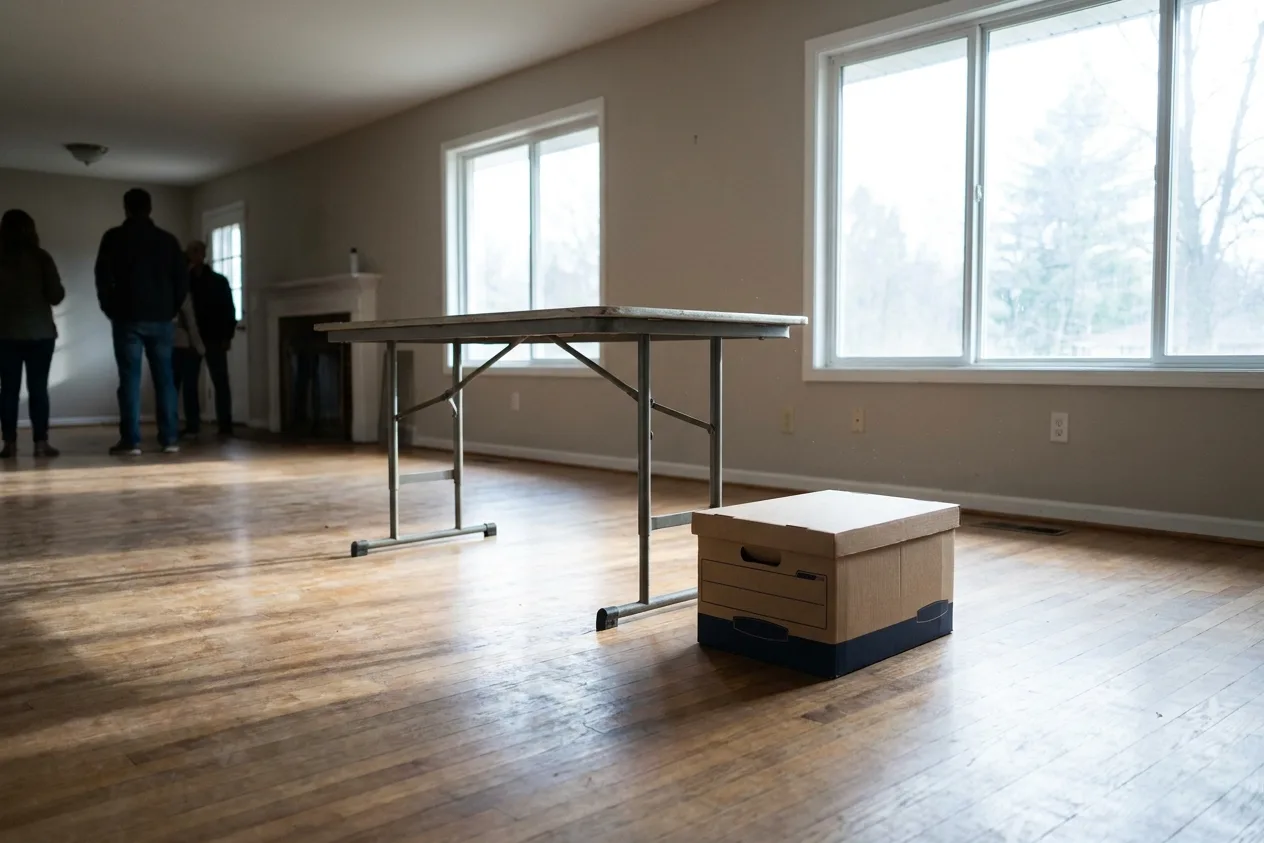 An emptied living room with bare wood floors, one folding table and a single banker’s box, three people talking in the far doorway.