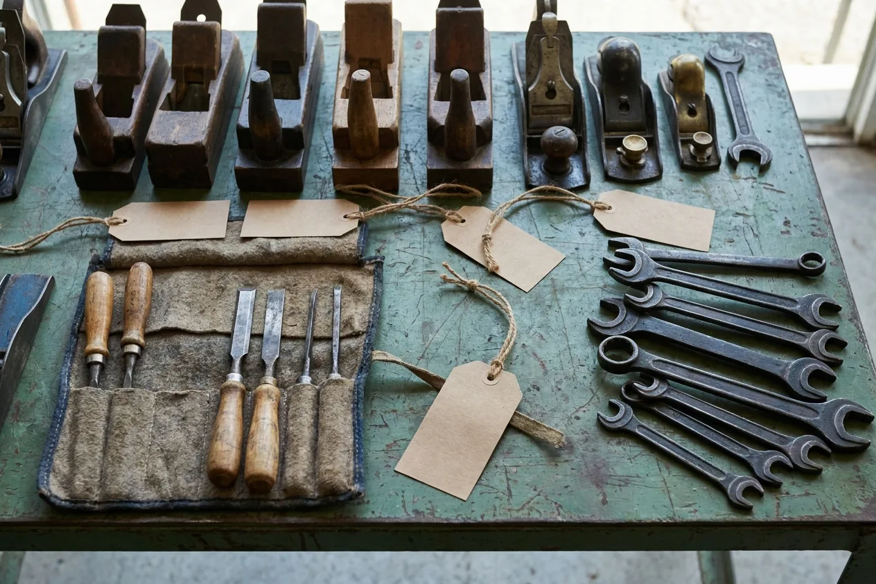 Vintage hand tools sorted on a green metal table: hand planes in a row, wrenches fanned by size and chisels in a felt roll.