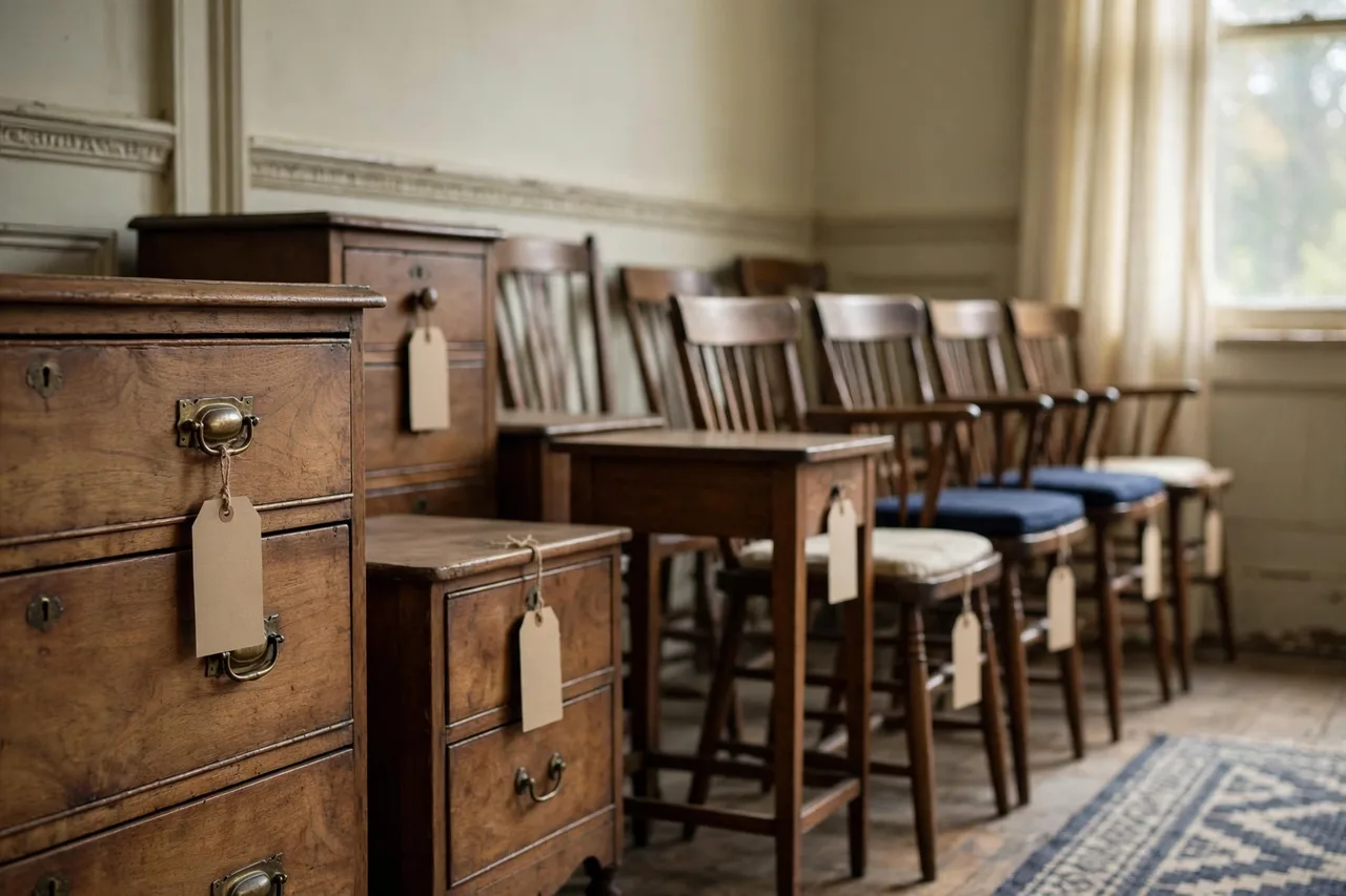 Antique wooden chests of drawers and a row of chairs, each carrying a handwritten kraft price tag, staged across a cleared room for an estate sale.